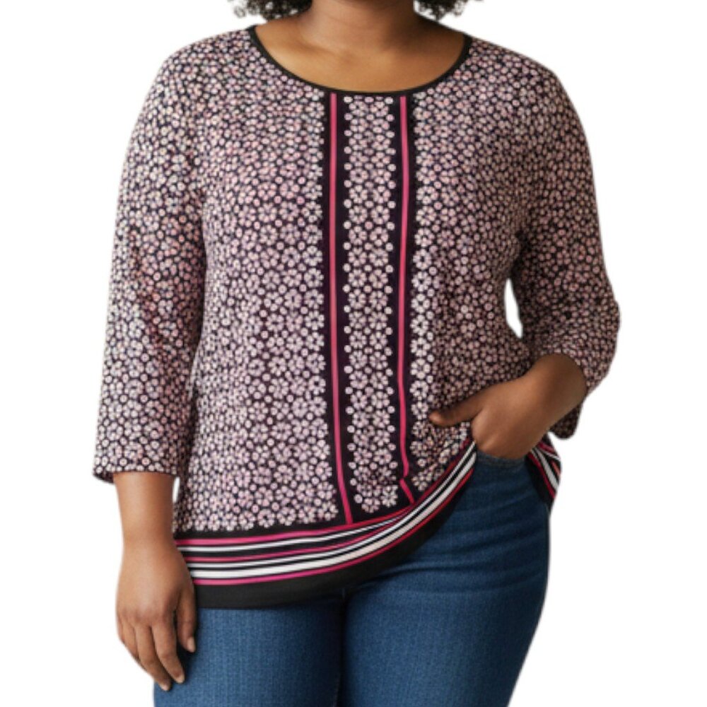 Croft & Barrow Navy & Magenta 3/4 Sleeves Blouse - Size XL